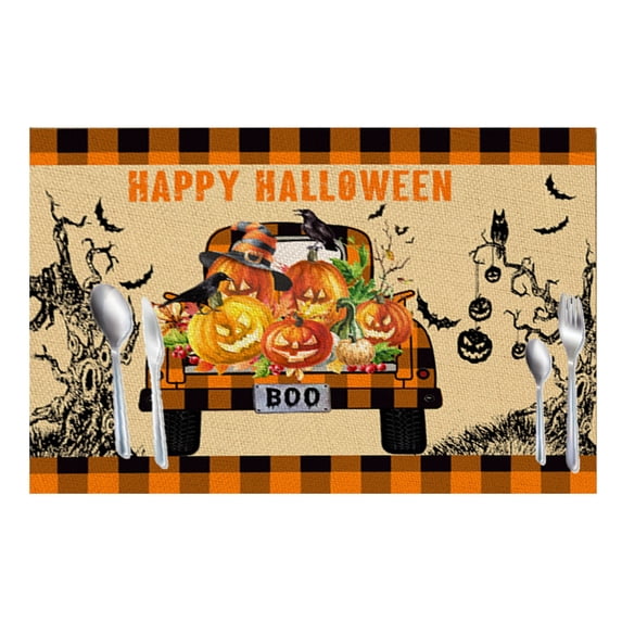 Halloween Placemats, Farmhouse Trick or Treat Kitchen Decor, Rustic Orange Halloween Place mats for Kitchen Dining Room Table Decoration, Decorative Happy Halloween Rectangle Placemat