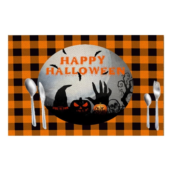 Halloween Placemats, Farmhouse Trick or Treat Kitchen Decor, Rustic Orange Halloween Place mats for Kitchen Dining Room Table Decoration, Decorative Happy Halloween Rectangle Placemat