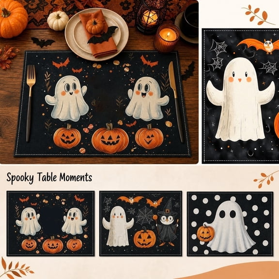 Halloween Placemats, Halloween Table Decorations, Kitchen Table Decor, Cute Halloween Decor, 18X12 in Cartoon Ghost Bat Pumpkin Spiders Web Halloween Fabric Dining Placemats for