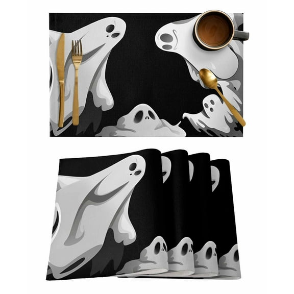 Halloween Placemats Set of 1 Abstract Ghost Black Scary Heat Insulation Washable Place Mats, Rustic Non-Slip Table Mats for Dining Table Party Kitchen Decor,13x19 Inch