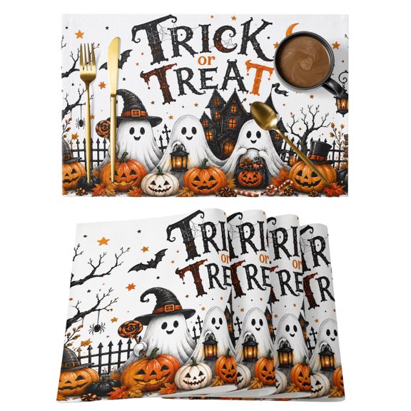 Halloween Placemats Set of 1 Ghosts Trick Or Treat Orange Black Place Mats Indoor Wipeable Table Mats Washable Cloth Dining Table Placemats for Kitchen Holiday Party Home Decor 13x19 Inch