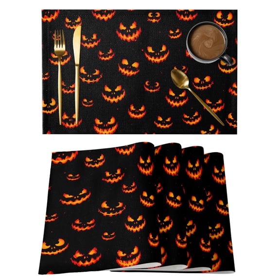 Halloween Placemats Set of 1, Horror Flame Face Angry Pumpkins Burning Eyes Black Non-Slip Place Mats Washable Table Mats for Kitchen Dining Table Decorations Indoor/Outdoor