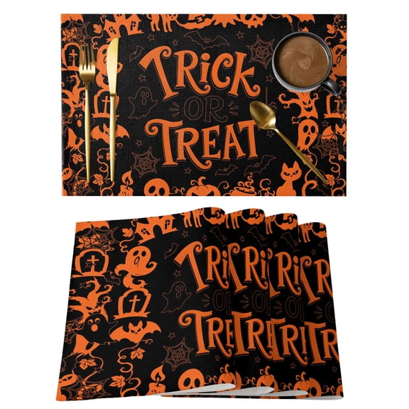 Halloween Placemats Set of 1 Trick Or Treat Orange Black Pumpkins Ghost Place Mats Indoor Wipeable Table Mats Washable Cloth Dining Table Placemats for Kitchen Holiday Party Home Decor 13x19 Inch