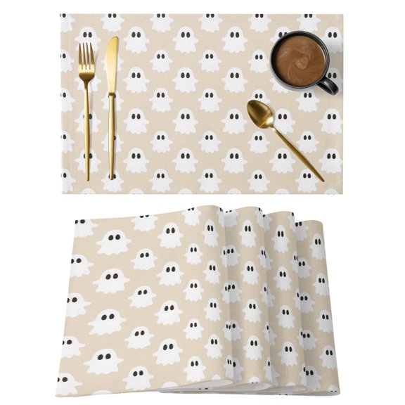 Halloween Placemats Set of 1, White Spooky Ghosts Minimalist Beige Background Non-Slip Place Mats Washable Table Mats for Kitchen Dining Table Decorations Indoor/Outdoor