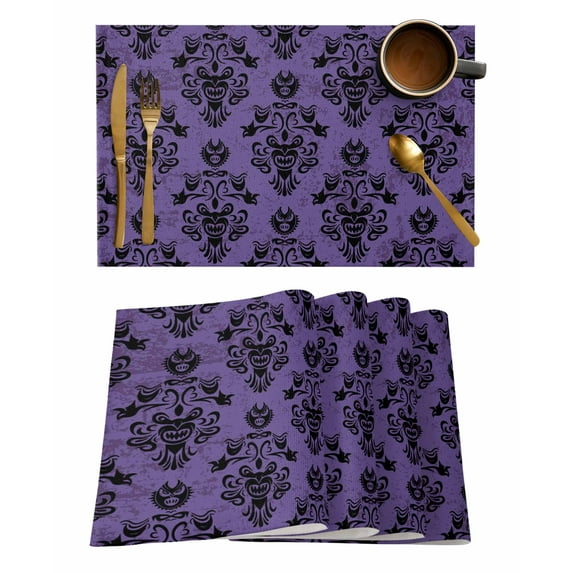 Halloween Placemats Set of 12 Horror Purple Modern Vintage Style Heat Insulation Washable Place Mats, Rustic Non-Slip Table Mats for Dining Table Party Kitchen Decor,13x19 Inch