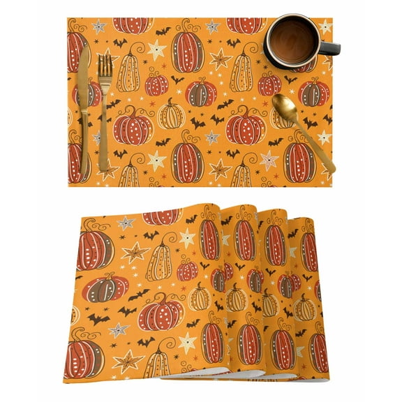 Halloween Placemats Set of 12 Vintage Country Watercolor Pumpkin Heat Insulation Washable Place Mats, Rustic Non-Slip Table Mats for Dining Table Party Kitchen Decor,13x19 Inch