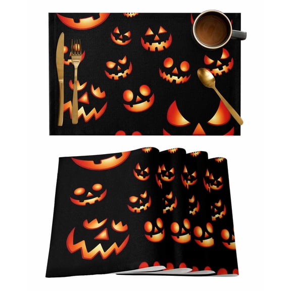 Halloween Placemats Set of 2 Expression Pumpkin Scary Horror Heat Insulation Washable Place Mats, Rustic Non-Slip Table Mats for Dining Table Party Kitchen Decor,13x19 Inch