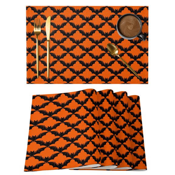 Halloween Placemats Set of 2 Fall Abstract Spooky Horror Orange Black Bats Place Mats Indoor Wipeable Table Mats Washable Cloth Dining Table Placemats for Kitchen Holiday Party Home Decor 13x19 Inch