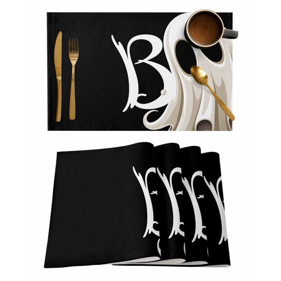 Halloween Placemats Set of 2 Ghost Abstract Boo Retro Black Heat Insulation Washable Place Mats, Rustic Non-Slip Table Mats for Dining Table Party Kitchen Decor,13x19 Inch