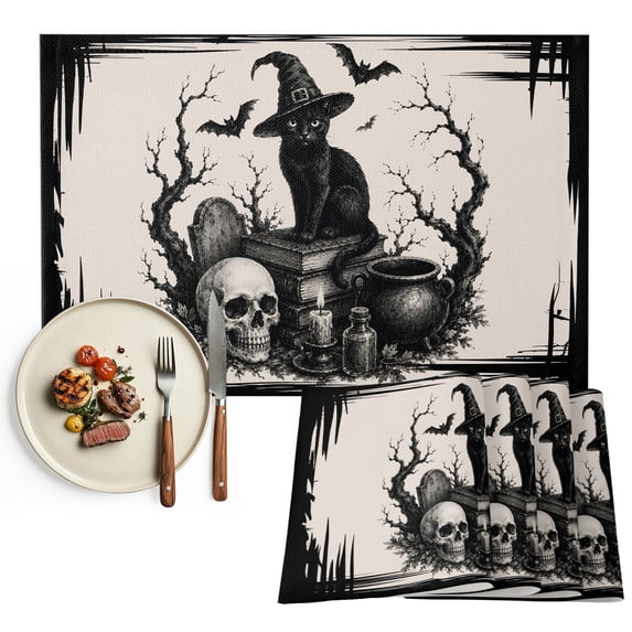 Halloween Placemats Set of 2, Retro Fall Spooky Cats Skulls Bones Bats Branches Washable Wipeable Table Mats for Dining Tables, Indoor Outdoor Kitchen Place Mats for Holiday Party Table Decor
