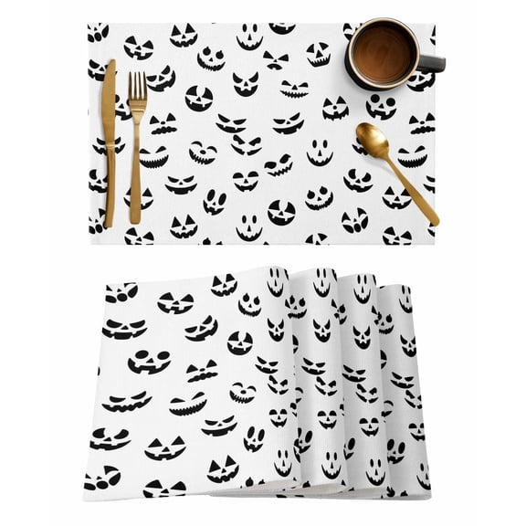 Halloween Placemats Set of 2 White Black Ghost Pumpkin Horror Expression Heat Insulation Washable Place Mats, Rustic Non-Slip Table Mats for Dining Table Party Kitchen Decor,13x19 Inch