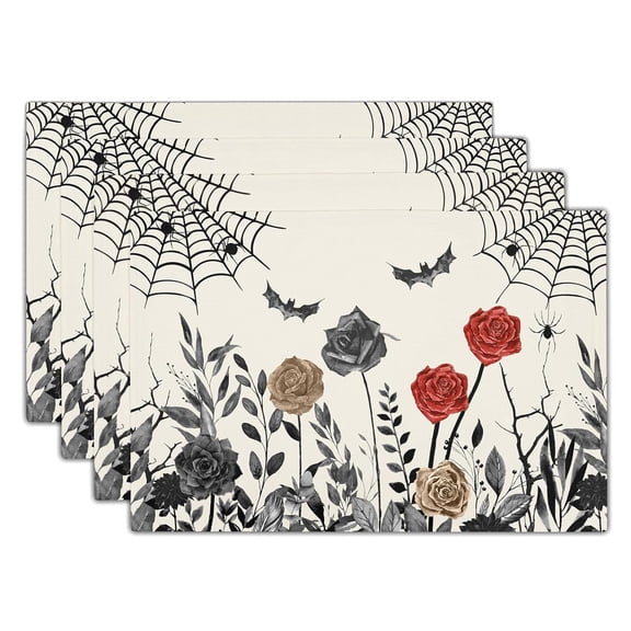 Halloween Placemats Set of 4 12x18 Inch Vintage Black Floral Bat Spider Web Washable Non-Slip Heat Resistant Place Mats Rustic Table Mats for Party Kitchen Dining Room Decor