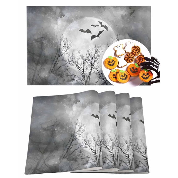 Halloween Placemats Set of 4 Black Bat Place Mats Fall Placemat Full-Moon Night Tree Grey Table Mats for Dining Kitchen Table Holiday Dinner Party Home Decorations 13x19 Inch