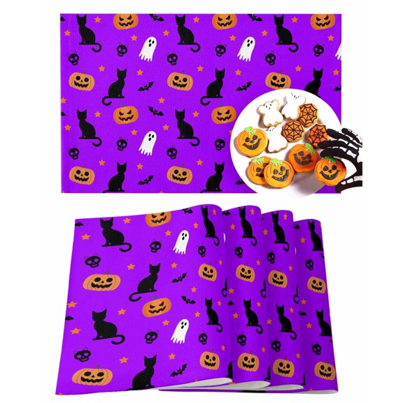 Halloween Placemats Set of 4 Black Cat Bat Ghost Place Mats Fall Placemat Cobwebs Stars Pumpkin Purple Table Mats for Dining Kitchen Table Holiday Dinner Party Home Decorations 13x19 Inch