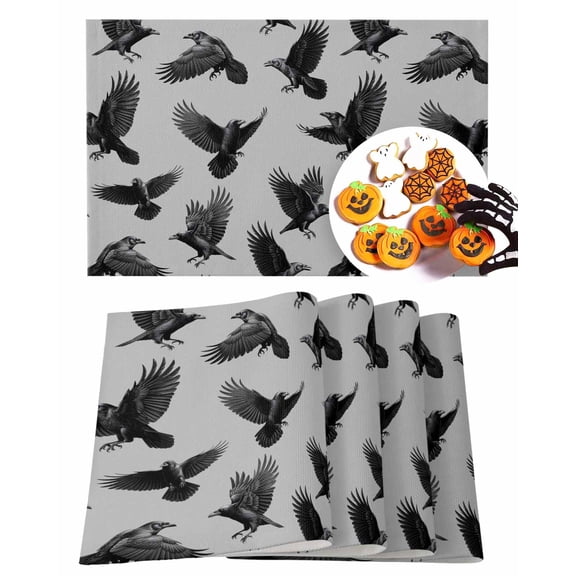 Halloween Placemats Set of 4 Black Crows Place Mats Fall Placemat Horror Grey Table Mats for Dining Kitchen Table Holiday Dinner Party Home Decorations 13x19 Inch