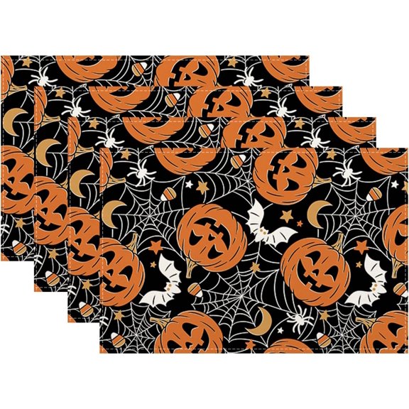 Halloween Placemats Set of 4,Black Orange Pumpkin Spider Web Bat Table Mats 12x18 Inch,Fall Autumn Holiday Heat-Resisting Non Slip Linen Burlap Place Mats for Kitchen Dining Table De