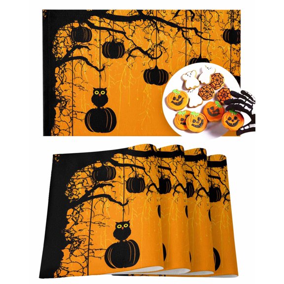 Halloween Placemats Set of 4 Black Pumpkin Owl Place Mats Fall Placemat Horror Tree Scary Night Orange Table Mats for Dining Kitchen Table Holiday Dinner Party Home Decorations 13x19 Inch