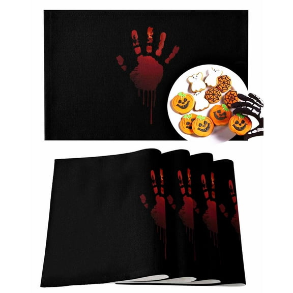 Halloween Placemats Set of 4 Bloody Hand Place Mats Fall Placemat Horror Red Blood Black Table Mats for Dining Kitchen Table Holiday Dinner Party Home Decorations 13x19 Inch