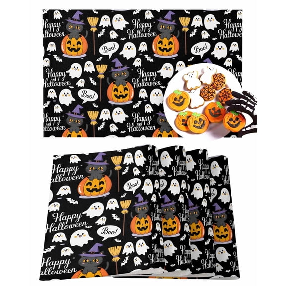 Halloween Placemats Set of 4 Boo Ghost Place Mats Fall Placemat Black Cat Pumpkin Broom Bats Table Mats for Dining Kitchen Table Holiday Dinner Party Home Decorations 13x19 Inch