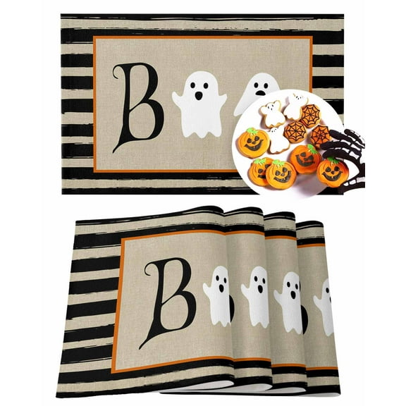 Halloween Placemats Set of 4 Boo Ghost Place Mats Fall Placemat Black Stripes Table Mats for Dining Kitchen Table Holiday Dinner Party Home Decorations 13x19 Inch
