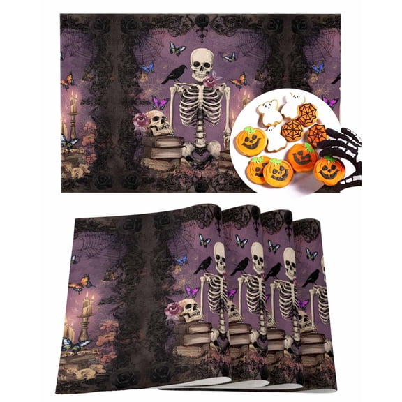 Halloween Placemats Set of 4 Butterfly Skull Place Mats Fall Placemat Horror Skeleton Candle Book Cobwebs Table Mats for Dining Kitchen Table Holiday Dinner Party Home Decorations 13x19 Inch