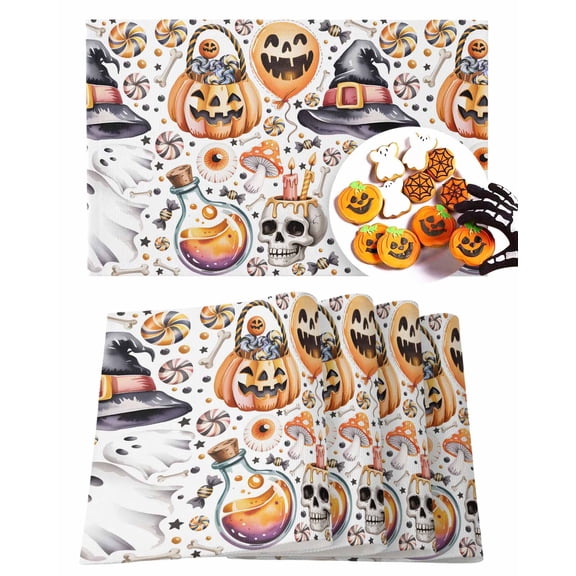 Halloween Placemats Set of 4 Candy Pumpkin Place Mats Fall Placemat Witch Hat Eyeball Skull Ghost Table Mats for Dining Kitchen Table Holiday Dinner Party Home Decorations 13x19 Inch