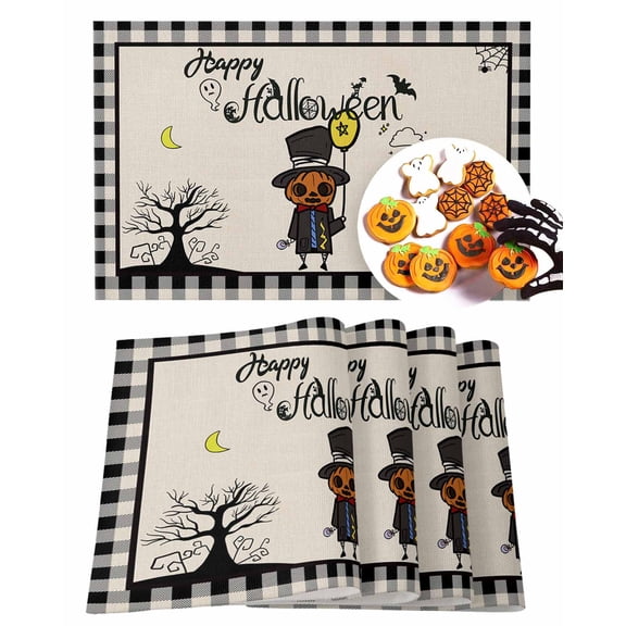 Halloween Placemats Set of 4 Cartoon Pumpkin Little Man Place Mats Fall Placemat Black Buffalo Plaid Table Mats for Dining Kitchen Table Holiday Dinner Party Home Decorations 13x19 Inch