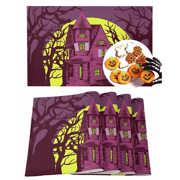 Halloween Placemats Set of 4 Castle Place Mats Fall Placemat Black Bat Full Moon Table Mats for Dining Kitchen Table Holiday Dinner Party Home Decorations 13x19 Inch