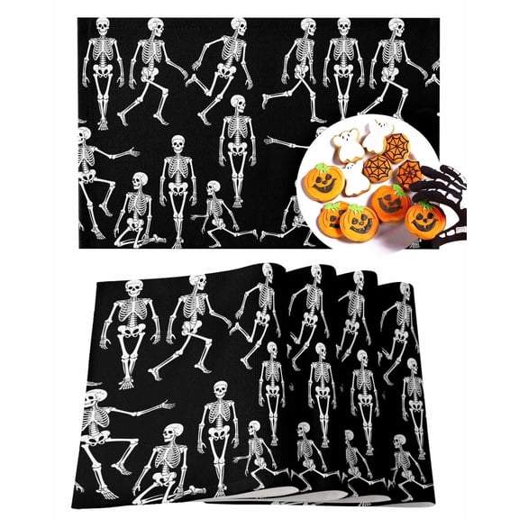 Halloween Placemats Set of 4 Funny Skeleton Yoga Place Mats Fall Placemat Black White Skull Table Mats for Dining Kitchen Table Holiday Dinner Party Home Decorations 13x19 Inch