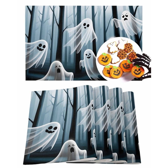 Halloween Placemats Set of 4 Ghost Forest Place Mats Fall Placemat Horror Eerie Fluttering Spooky Table Mats for Dining Kitchen Table Holiday Dinner Party Home Decorations 13x19 Inch