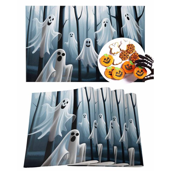 Halloween Placemats Set of 4 Ghost Spooky Forest Place Mats Fall Placemat Creepy Eerie Black Woods Table Mats for Dining Kitchen Table Holiday Dinner Party Home Decorations 13x19 Inch