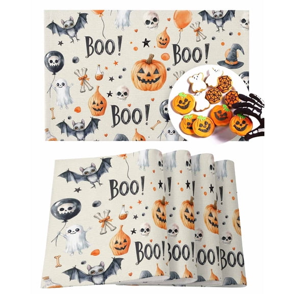 Halloween Placemats Set of 4 Grimace Pumpkin Place Mats Fall Placemat Cartoon Skull Bat Boo Ghost Table Mats for Dining Kitchen Table Holiday Dinner Party Home Decorations 13x19 Inch