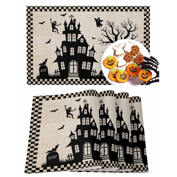 Halloween Placemats Set of 4 Haunted Castle Ghost Place Mats Fall Placemat Linen Black Bat Dead Tree Buffalo Plaid Table Mats for Dining Kitchen Table Holiday Dinner Party Home Decor 13x19 Inch