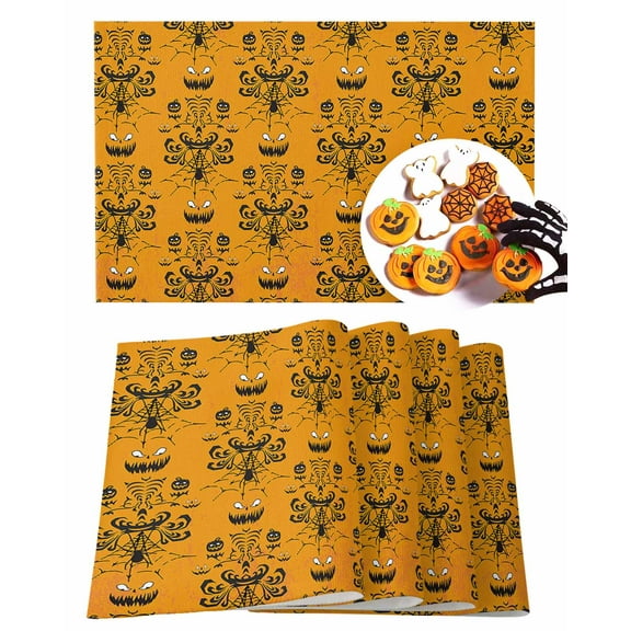 Halloween Placemats Set of 4 Haunted Mansion Grinning Ghosts Place Mats Fall Placemat Pumpkin Orange Table Mats for Dining Kitchen Table Holiday Dinner Party Home Decorations 13x19 Inch