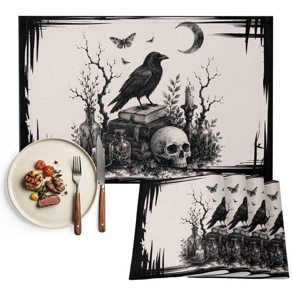 Halloween Placemats Set of 4, Horrow Spooky Skulls Bats Crow Botanical Rustic Washable Wipeable Table Mats for Dining Tables, Indoor Outdoor Kitchen Place Mats for Holiday Party Table Decor