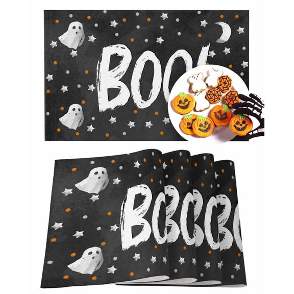 Halloween Placemats Set of 4 Lack Boo Ghost Place Mats Fall Placemat Spooky Star Moon Black Table Mats for Dining Kitchen Table Holiday Dinner Party Home Decorations 13x19 Inch