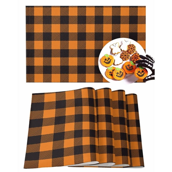 Halloween Placemats Set of 4 Orange and Black Check Plaid Place Mats Fall Placemat Checkered Table Mats for Dining Kitchen Table Holiday Dinner Party Home Decorations 13x19 Inch