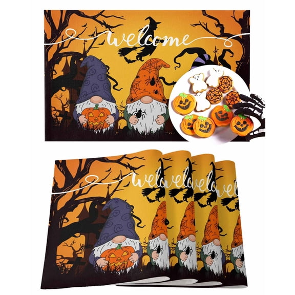 Halloween Placemats Set of 4 Pumpkin Gnome Place Mats Fall Placemat Castle Black Cat Bat Wizard Table Mats for Dining Kitchen Table Holiday Dinner Party Home Decorations 13x19 Inch