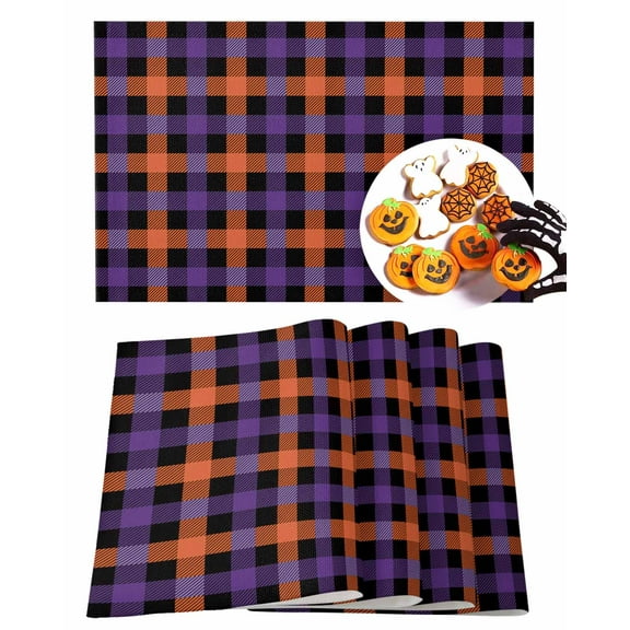 Halloween Placemats Set of 4 Purple Orange Check Plaid Place Mats Fall Placemat Geometric Table Mats for Dining Kitchen Table Holiday Dinner Party Home Decorations 13x19 Inch