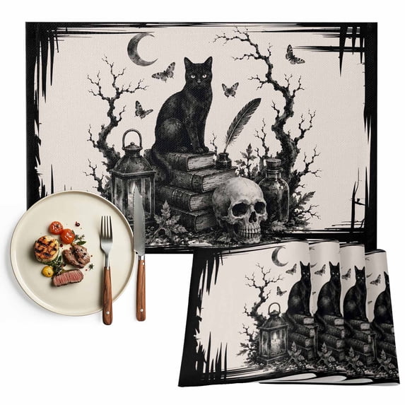 Halloween Placemats Set of 4, Rustic Horror Skeleton Cats Buttterfly Skull Black Washable Wipeable Table Mats for Dining Tables, Indoor Outdoor Kitchen Place Mats for Holiday Party Table Decor