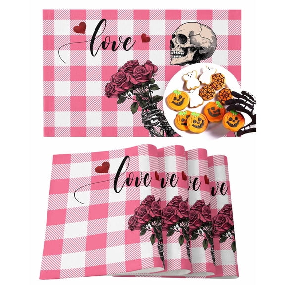 Halloween Placemats Set of 4 Skeleton Rose Place Mats Fall Placemat Pink Buffalo Plaid Table Mats for Dining Kitchen Table Holiday Dinner Party Home Decorations 13x19 Inch