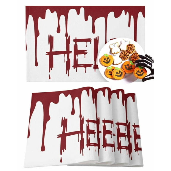 Halloween Placemats Set of 4 Spooky Flowing Blood Place Mats Fall Placemat Zombie Scary Help Me Table Mats for Dining Kitchen Table Holiday Dinner Party Home Decorations 13x19 Inch