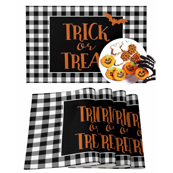 Halloween Placemats Set of 4 Trick Or Treat Place Mats Fall Placemat Bat Black Buffalo Check Table Mats for Dining Kitchen Table Holiday Dinner Party Home Decorations 13x19 Inch