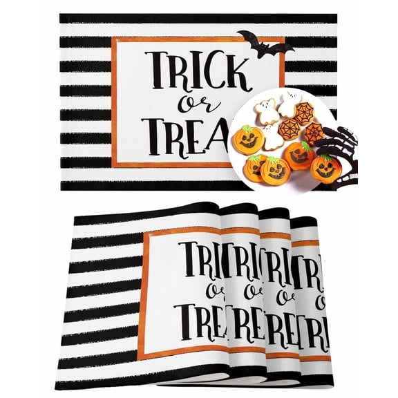 Halloween Placemats Set of 4 Trick Or Treat Place Mats Fall Placemat Black White Stripes Table Mats for Dining Kitchen Table Holiday Dinner Party Home Decorations 13x19 Inch