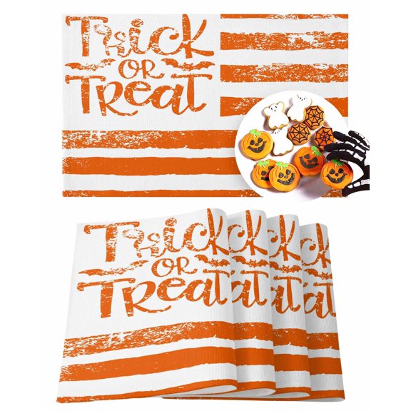 Halloween Placemats Set of 4 Trick Or Treat Place Mats Fall Placemat Orange Stripes Bats Table Mats for Dining Kitchen Table Holiday Dinner Party Home Decorations 13x19 Inch