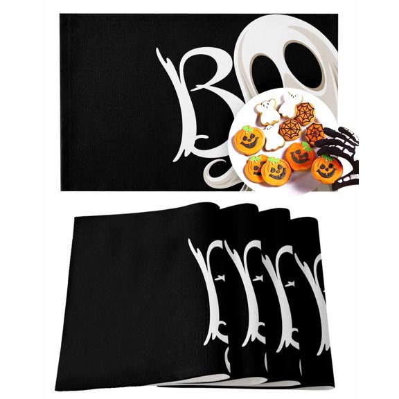 Halloween Placemats Set of 6 Black Ghost Place Mats Fall Placemat Cute Boo Spooky Table Mats for Dining Kitchen Table Holiday Dinner Party Home Decorations 13x19 Inch