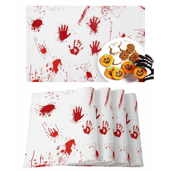 Halloween Placemats Set of 6 Blood Handprint Place Mats Fall Placemat Horror Bloody Hand Table Mats for Dining Kitchen Table Holiday Dinner Party Home Decorations 13x19 Inch