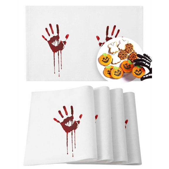 Halloween Placemats Set of 6 Bloody Hand Place Mats Fall Placemat Horror Blood Handprint Table Mats for Dining Kitchen Table Holiday Dinner Party Home Decorations 13x19 Inch