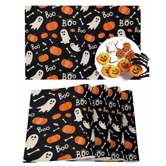 Halloween Placemats Set of 6 Boo Ghost Place Mats Fall Placemat Cartoon Pumpkin Skulls Table Mats for Dining Kitchen Table Holiday Dinner Party Home Decorations 13x19 Inch