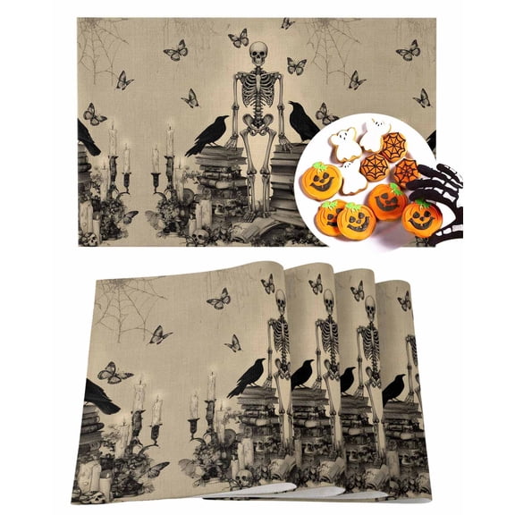 Halloween Placemats Set of 6 Butterfly Skull Place Mats Fall Placemat Horror Skeleton Candle Book Crow Table Mats for Dining Kitchen Table Holiday Dinner Party Home Decorations 13x19 Inch